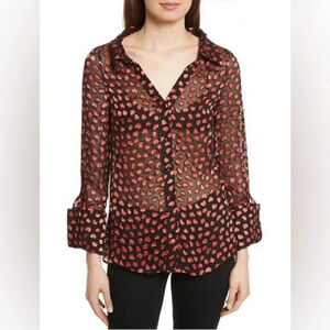 Alice + Olivia Black Red Heart Print Silk Blend Blouse Button Down Sheer Sz M